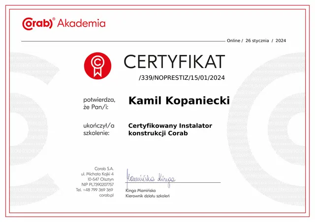 Certyfikat instalatorski Corab dla Avoltaic — strona 1