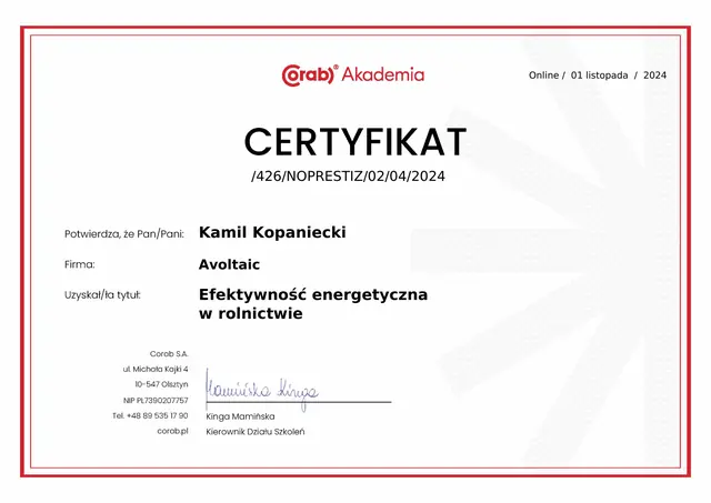 Certyfikat instalatorski Corab dla Avoltaic — strona 2