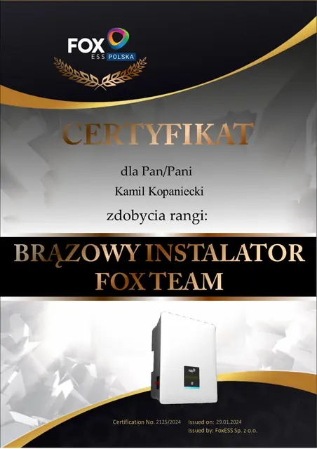 Certyfikat instalatorski FoxESS dla Avoltaic — strona 1
