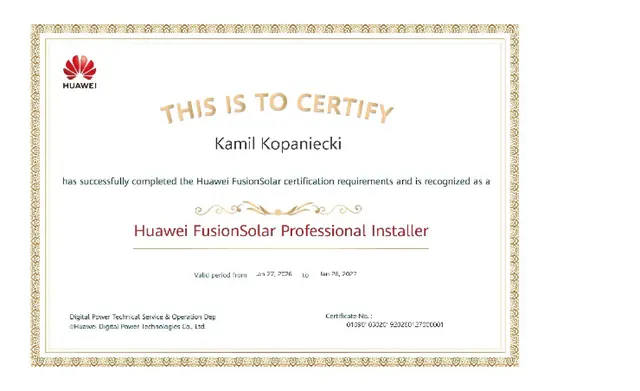 Certyfikat Huawei FusionSolar dla Avoltaic