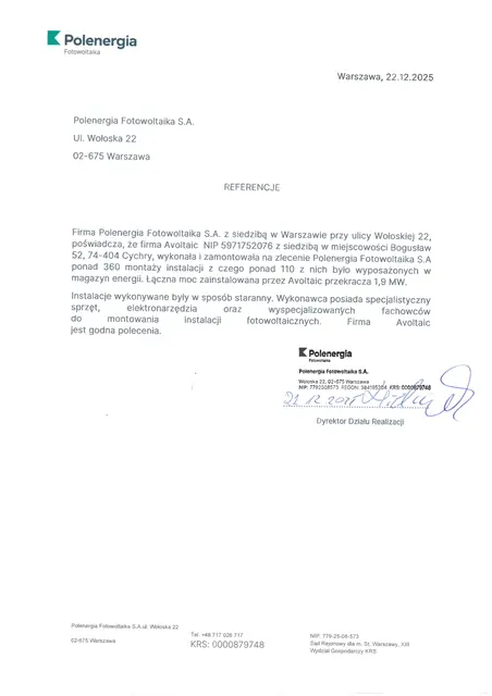 Referencja od firmy Polenergia dla Avoltaic Kamil Kopaniecki