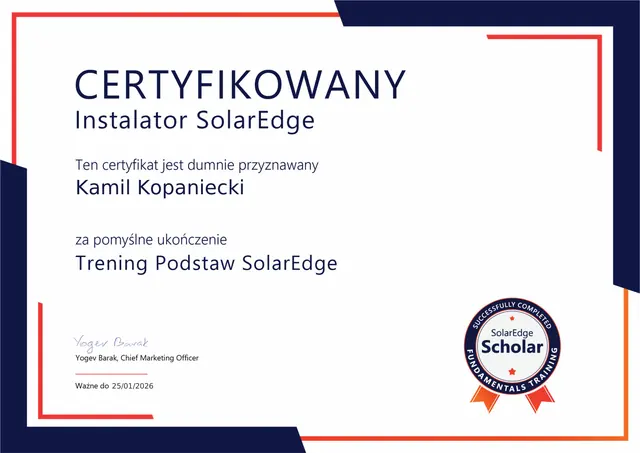 Certyfikat instalatorski SolarEdge dla Avoltaic — strona 1