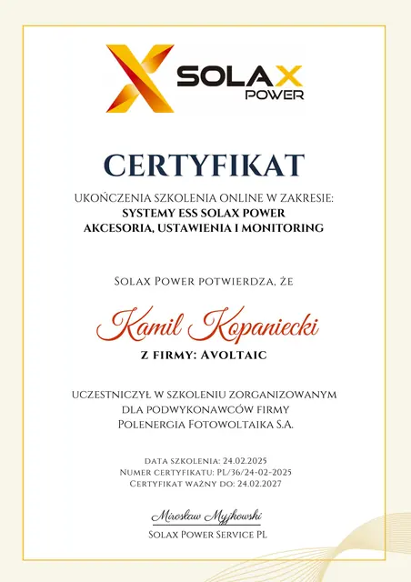 Certyfikat instalatorski SolaX dla Avoltaic — strona 1