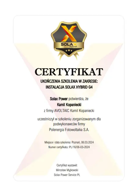 Certyfikat instalatorski SolaX dla Avoltaic — strona 2