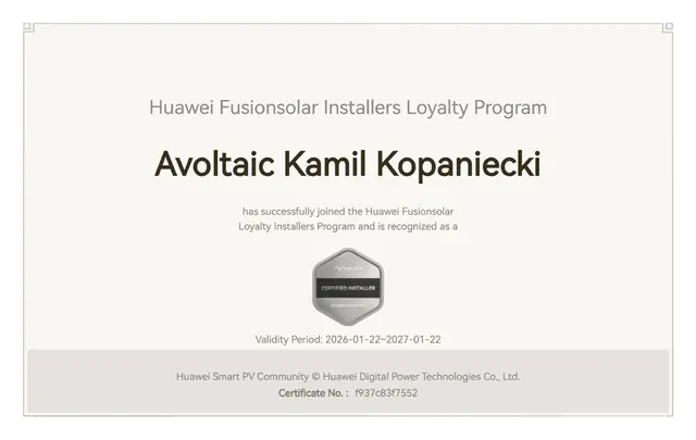 Certyfikat instalatorski Huawei dla Avoltaic — strona 1