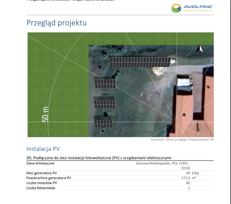 Projekt instalacji fotowoltaicznej w programie PVSol – symulacja 3D zacienienia i rozmieszczenia paneli Avoltaic